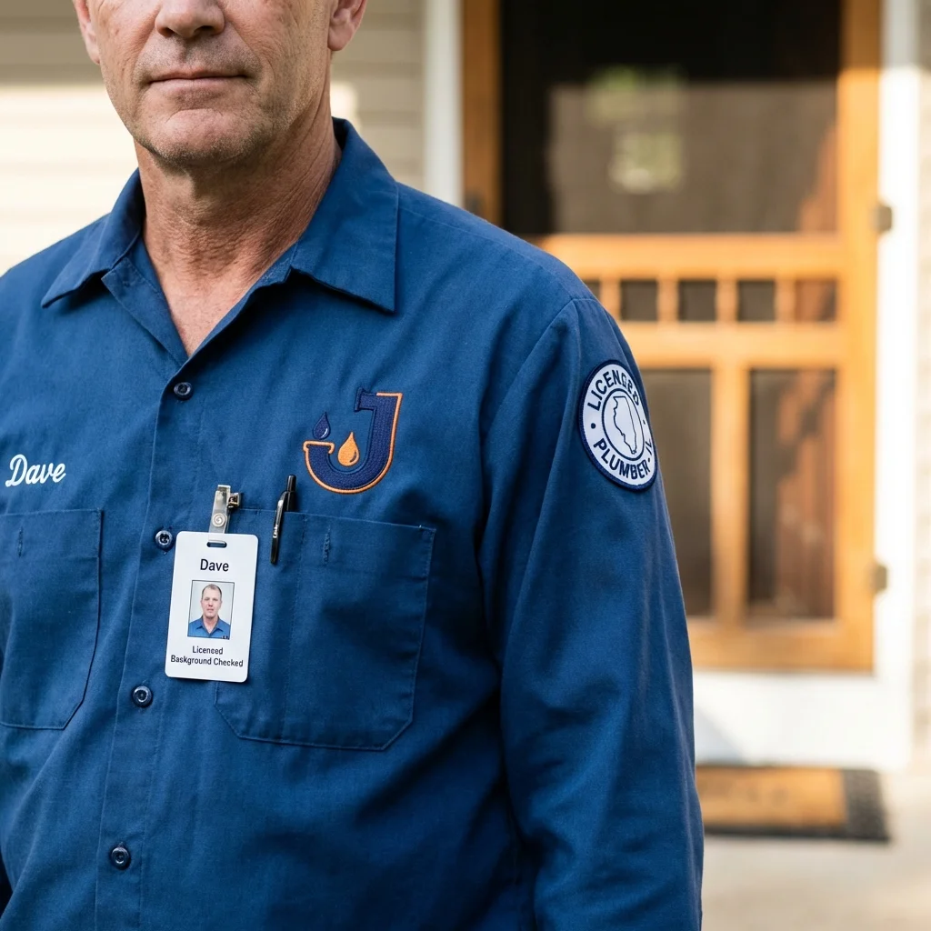 Licensed plumber showing ID badge in Casa Grande, AZ