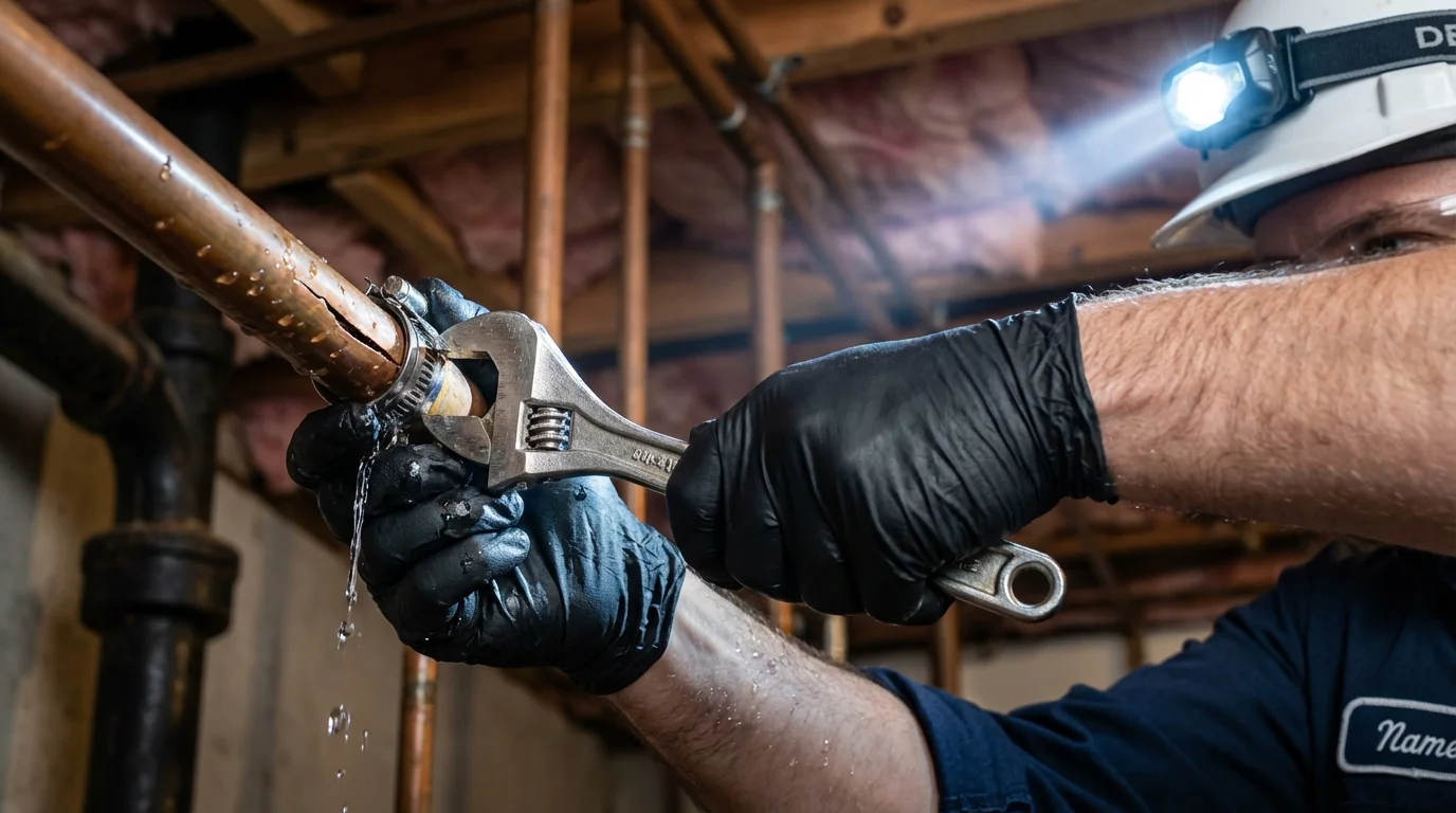 Emergency pipe clamp repair being performed by a Johns Plumbing LLC plumber in Casa Grande