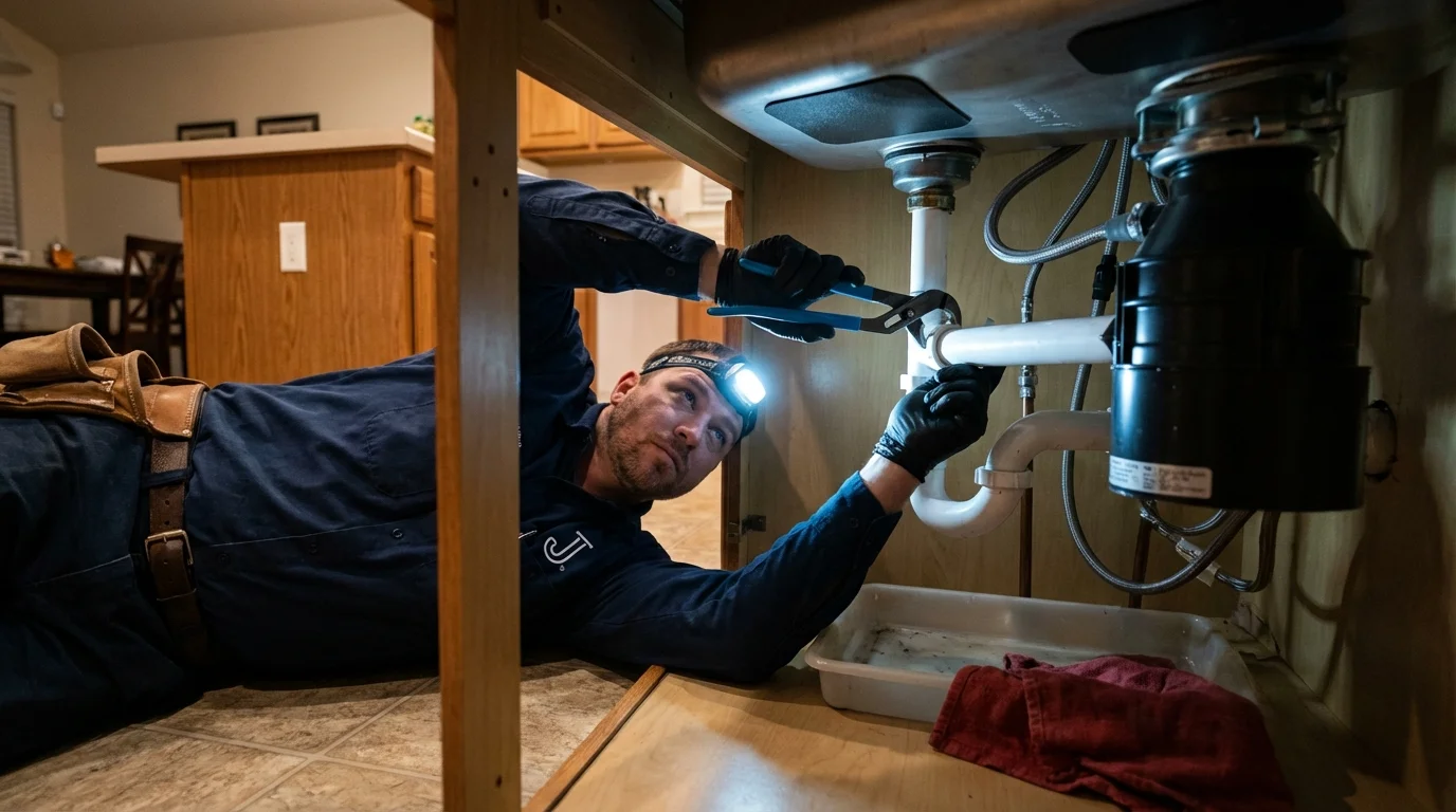 P-trap and supply line connections under a kitchen sink showing a common leak point in Casa Grande, AZ